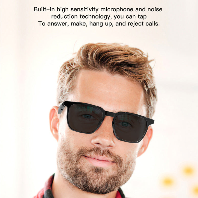 Smart Audio Goggles MS53936 featuring a man with a high-sensitivity microphone and noise reduction technology, demonstrating touch controls for hands-free calling.