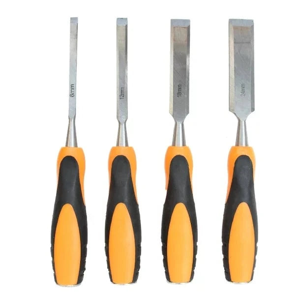 Wood Chisel 4pcs Set featuring four precision chisels with ergonomic handles designed for woodworking tasks, showcasing various blade sizes for versatile use in crafting and shaping wood.
