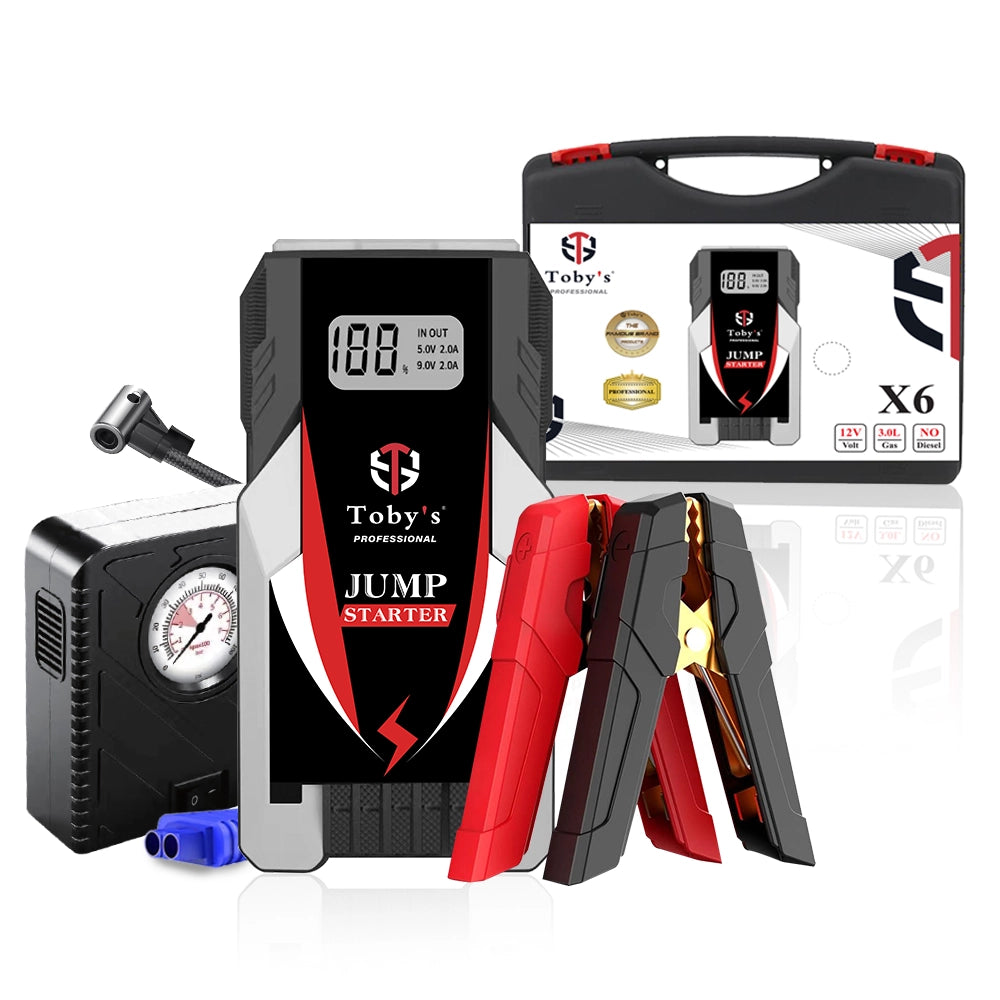 Car Battery Jump Starter, Air Compressor & 6,000mAh Power Bank X6, featuring a compact design, LED display, and jumper cables, ideal for vehicle emergencies and outdoor adventures.