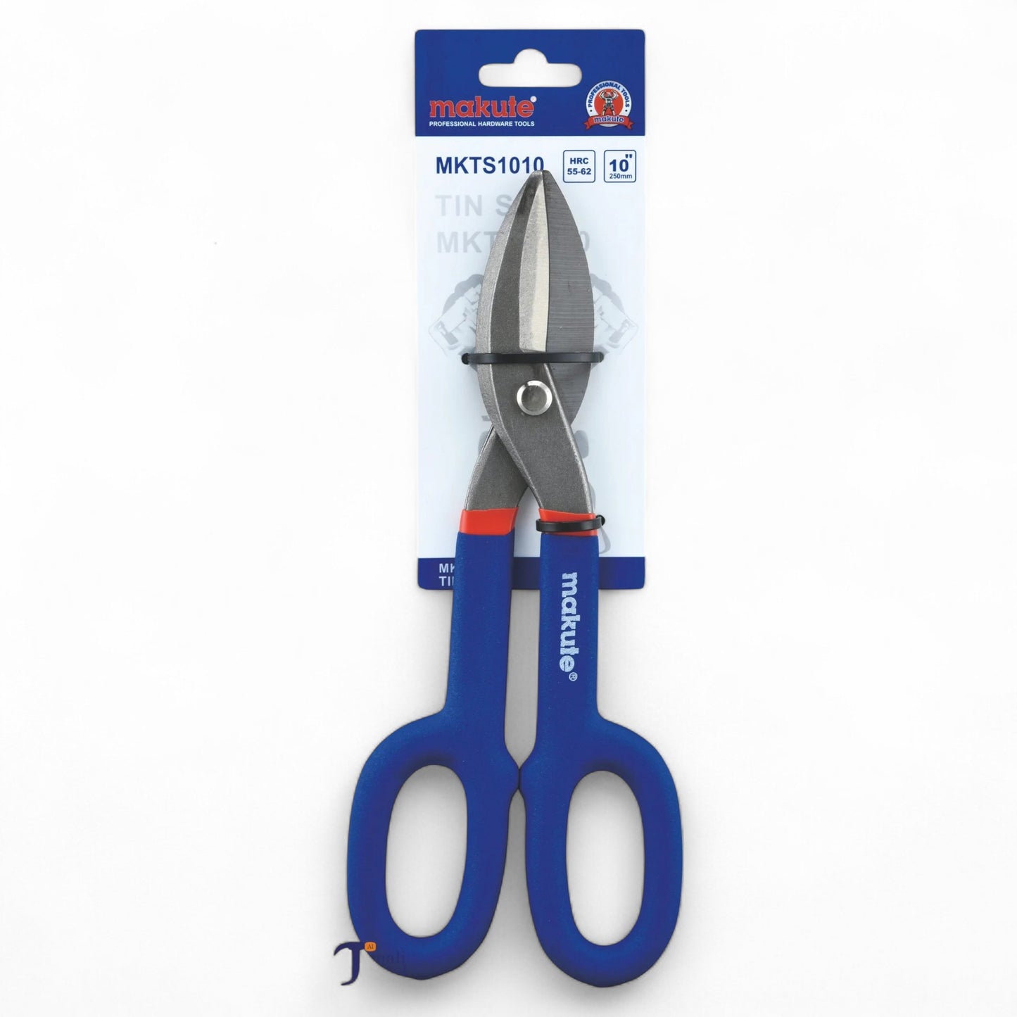 Tin Man Snip 10" MKTS1010 from Makute, featuring a durable blade and ergonomic handle for metal cutting tasks, displayed on packaging.