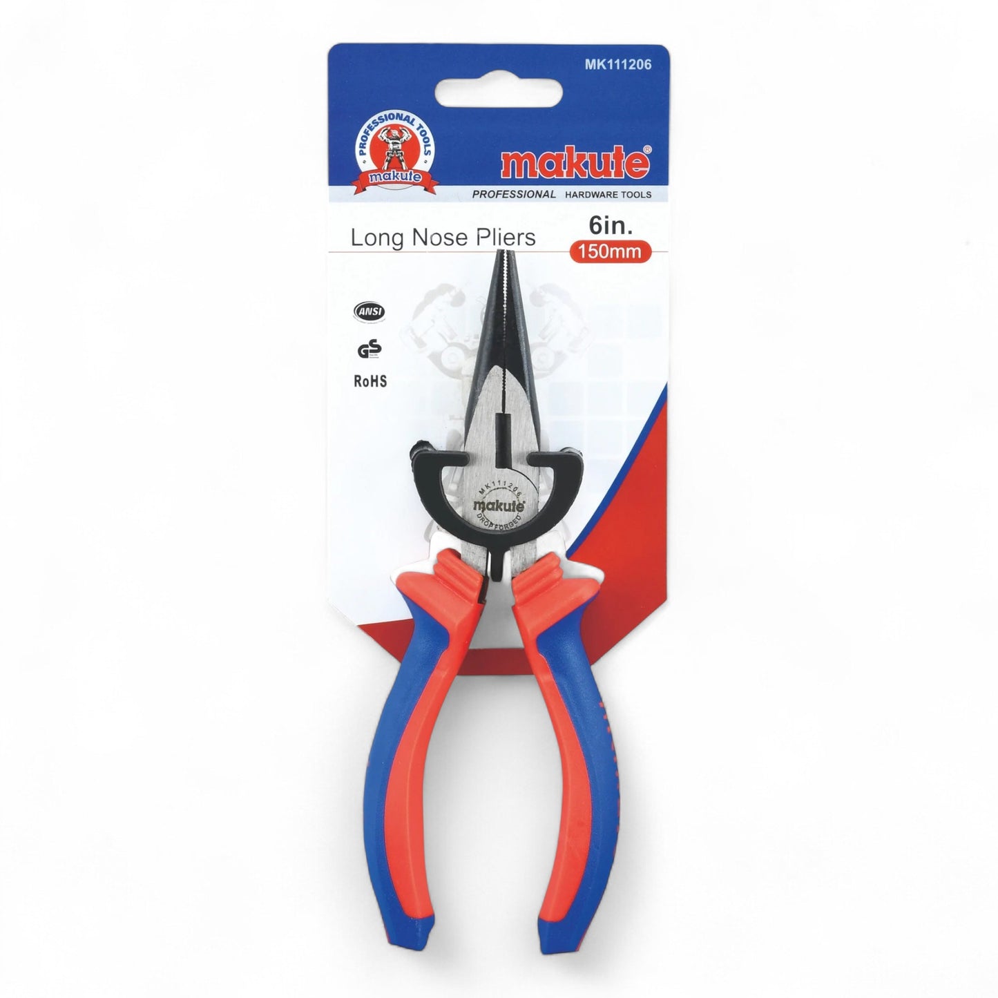 High-quality Nose Plier Makute packaging, showcasing 150mm long nose pliers design, ideal for precision gripping and cutting tasks.