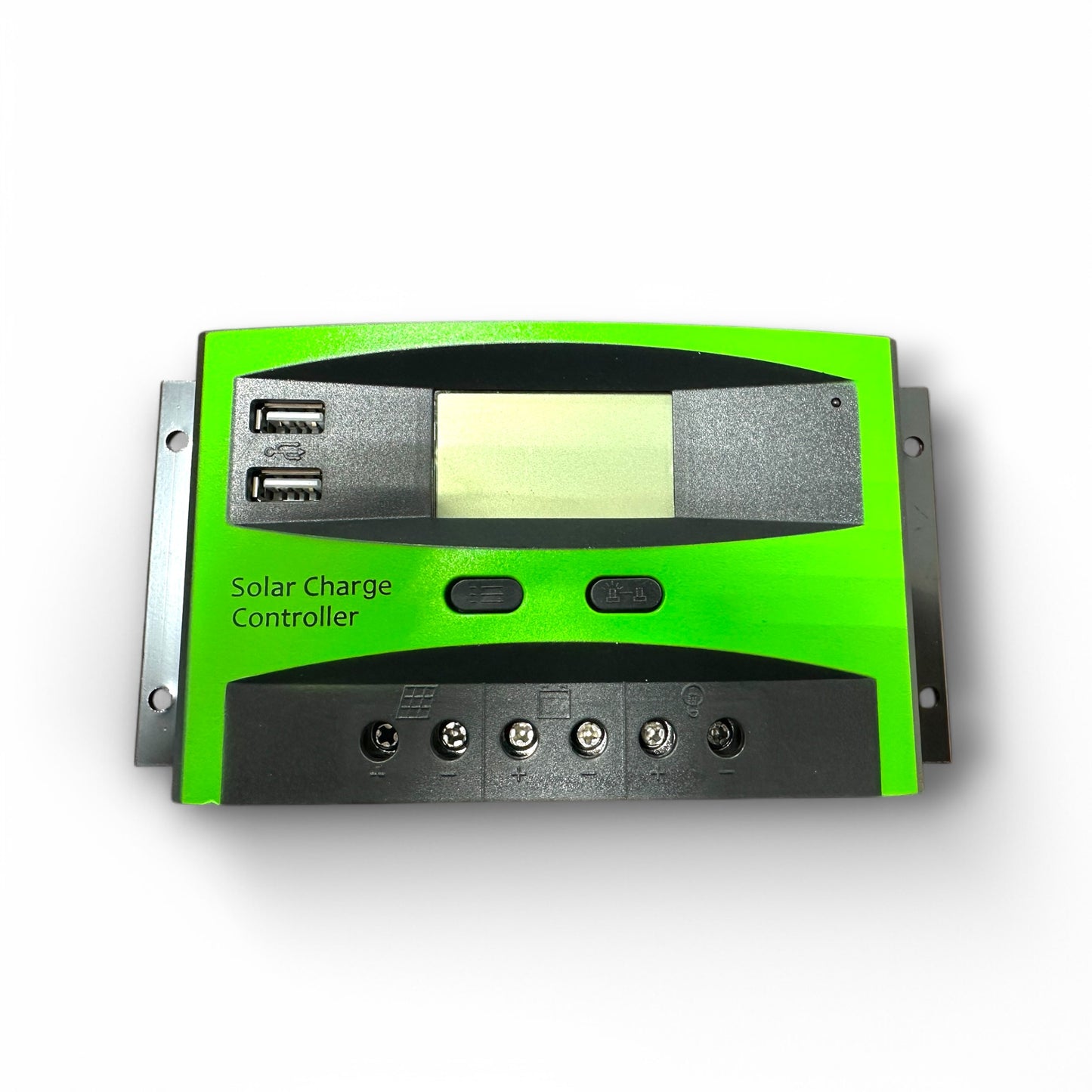 Huntar Solar Charge Controller featuring USB ports and control buttons for solar energy management.