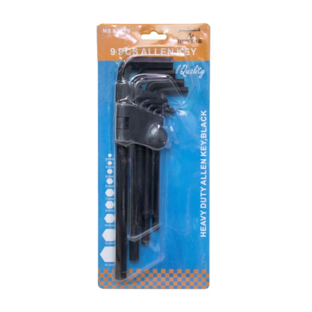 Allen Key 9pcs H/D 3-14mm Black MS53279 set displayed in packaging, showcasing heavy-duty black keys essential for mechanical tasks.