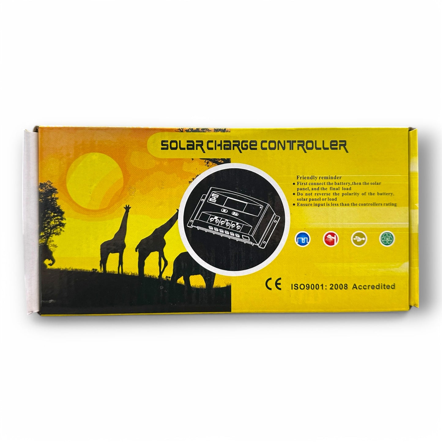 Packaging of the Huntar Solar Charge Controller displaying product details and imagery of a sunset with giraffes.