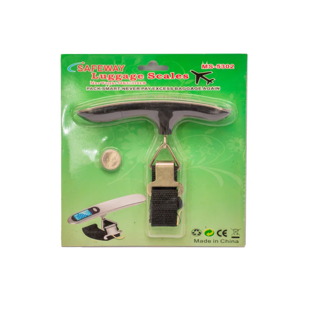 Portable Scale Digital 50 Kg MS-5302 displayed with packaging featuring a luggage scale design, ideal for travel and weighing items precisely.