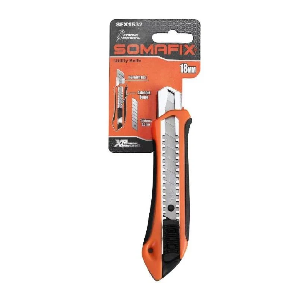 Knife Utility Big SFX1532 Somafix displayed with packaging. This ergonomic utility knife features a sharp 18mm blade, designed for precision cutting in various applications like crafting and construction.