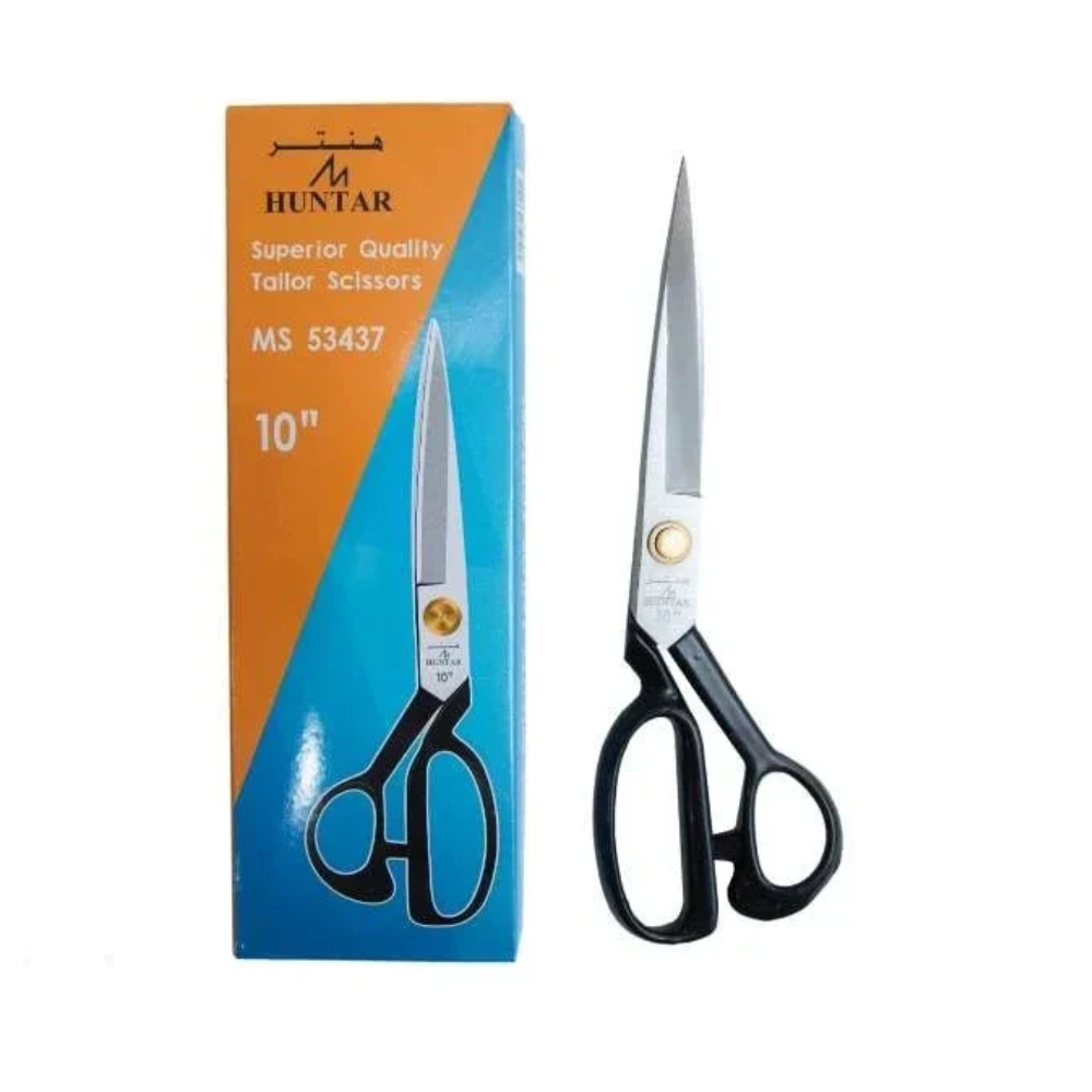 Scissors Tailor Black Huntar in packaging, designed for precision cutting with ergonomic handle, suitable for professional tailors and sewing enthusiasts.