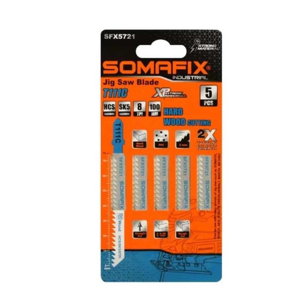 Somafix Jig Saw Blade pack featuring 5 high-quality blades designed for precision cutting in hardwood and various materials. Perfect for woodworking and DIY projects.