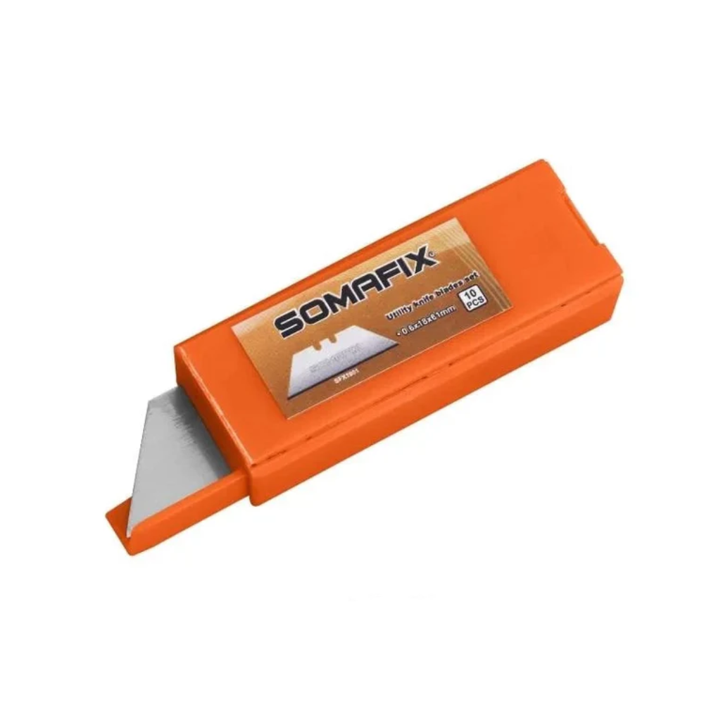 Somafix Knife Blade Small Straight 10pcs SFX1901 packaging, featuring a bright orange box with a clear view of the straight blades designed for precision cutting.
