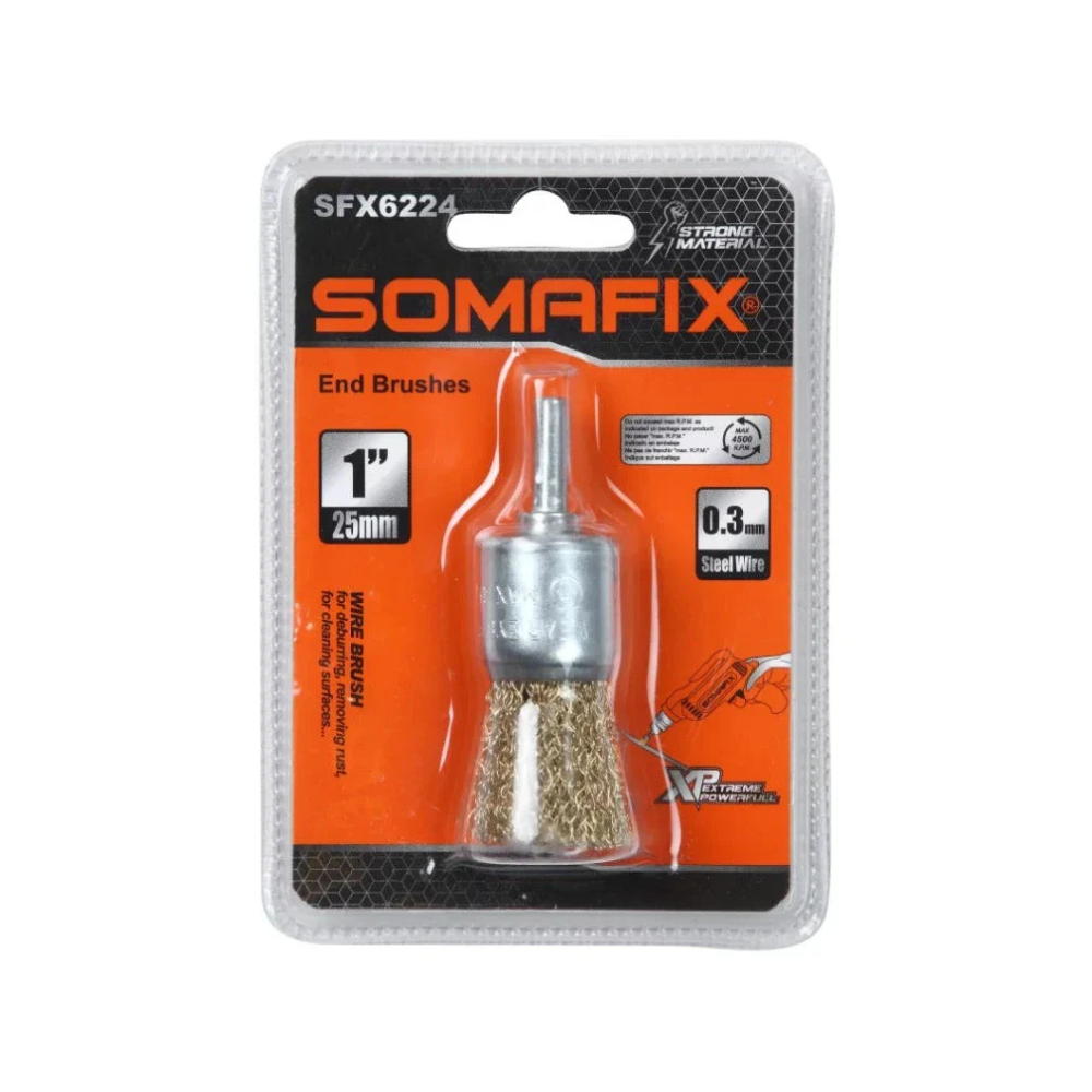 Somafix Cup Brush with Shank, packaged for retail, featuring a 1 inch steel wire end brush designed for versatile cleaning on various surfaces.