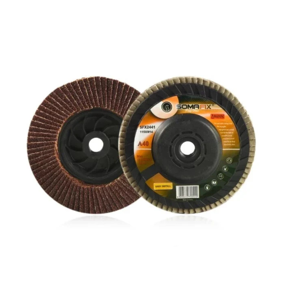 Flap Disc Fiberpad Somafix - a dual-sided abrasive disc featuring a brown and green design, perfect for metalworking, grinding, blending, and finishing tasks in various materials including stainless steel and aluminum.