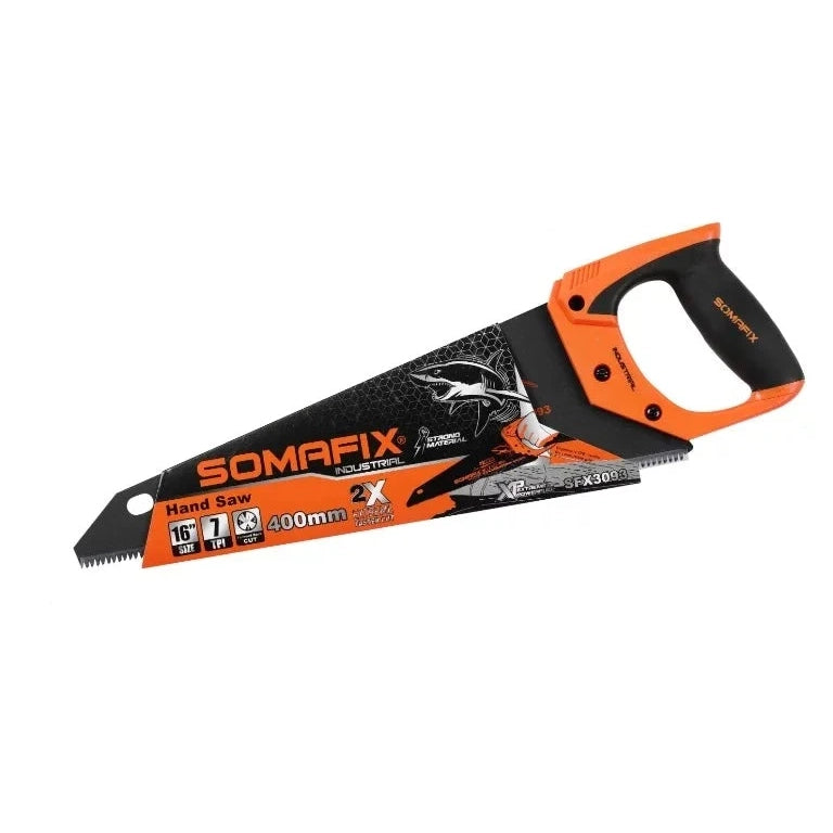 Hand Saw Somafix featuring an ergonomic design with a bright orange handle and precision blade, ideal for woodworking and DIY projects, offering clean and accurate cuts.