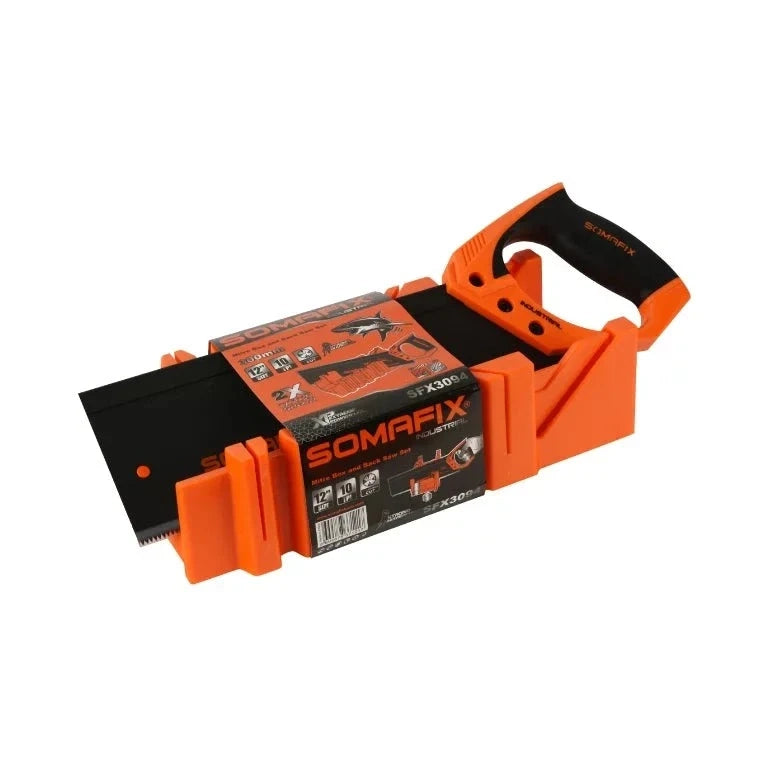 Hand Saw 12" With Box Set SFX3094 Somafix displayed in an organized manner, featuring its ergonomic handle and robust design for precision cutting and durability, ideal for woodworking and DIY projects.
