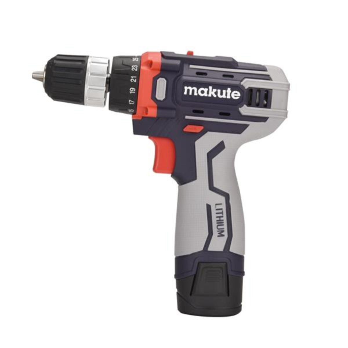 Cordless Drill 12V CD126 Makute, featuring a lithium battery, two-speed settings, forward and backward adjustment button, and a compact design suitable for various drilling tasks.