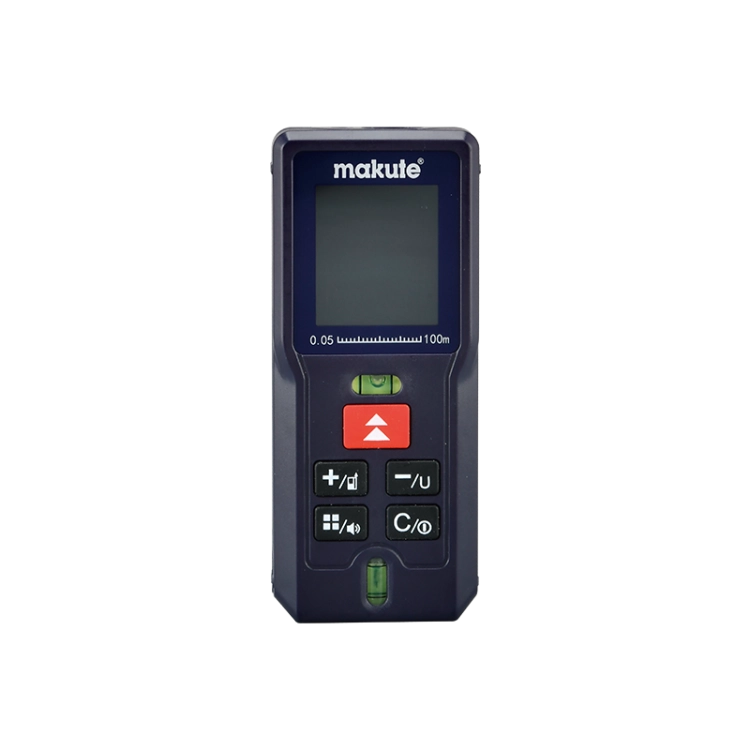 Makute Laser Distance Meter MKLDM10011 front view showcasing its compact design, buttons, and digital display for precise measurements up to 100 meters.
