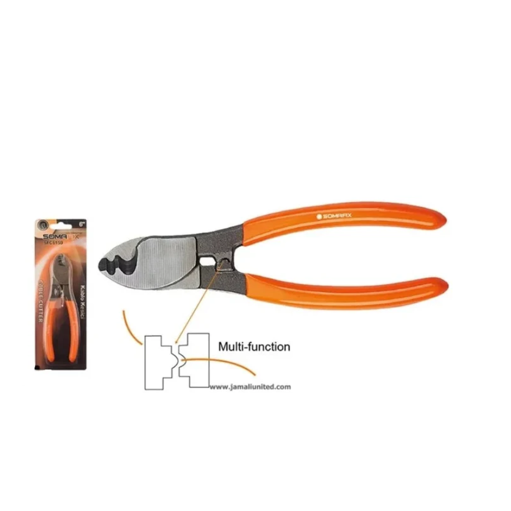 Cable Cutter 6" SFCS150 Somafix displayed with packaging, showcasing its durable design and multi-functional blade, ideal for precise cutting of cables.