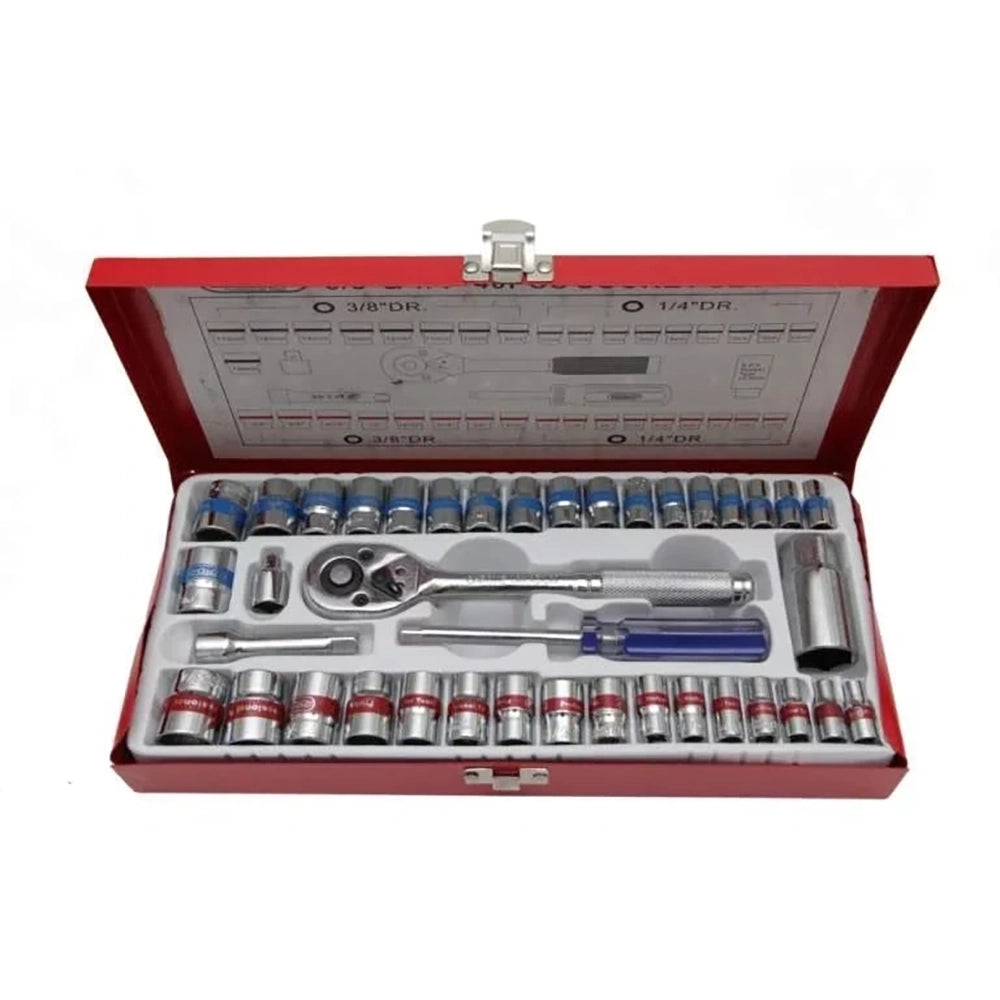 Cocaco 40-Piece Socket Set displayed in a compact carrying case featuring both 3/8" and 1/4" drive sizes, showcasing high-grade alloy steel construction and chrome-plated finish for durability and rust resistance.