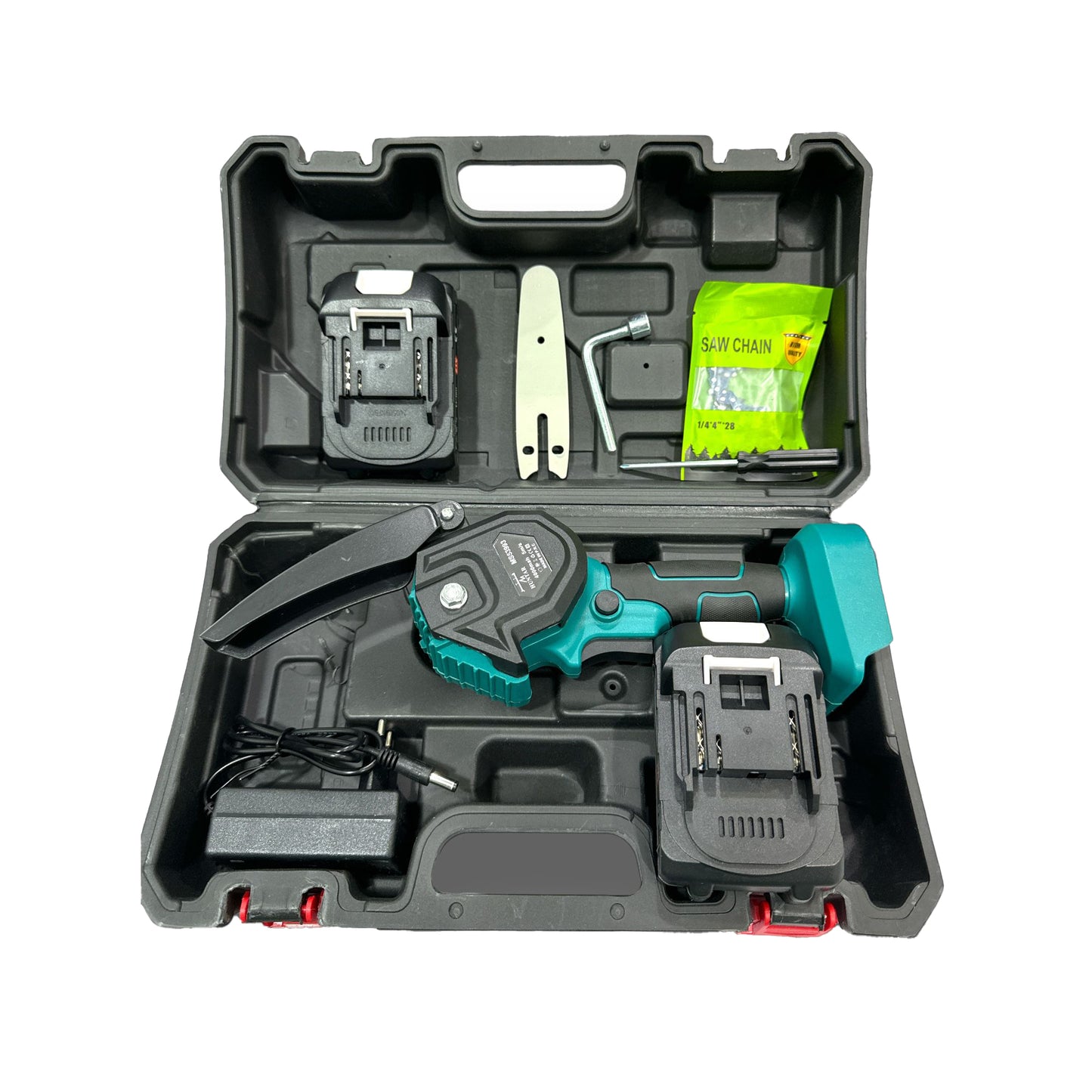 Cordless Chain Saw 4" 21V with 2 Battery MS53993 Huntar displayed in a carrying case, featuring a compact chainsaw, two batteries, and essential tools for efficient outdoor cutting.
