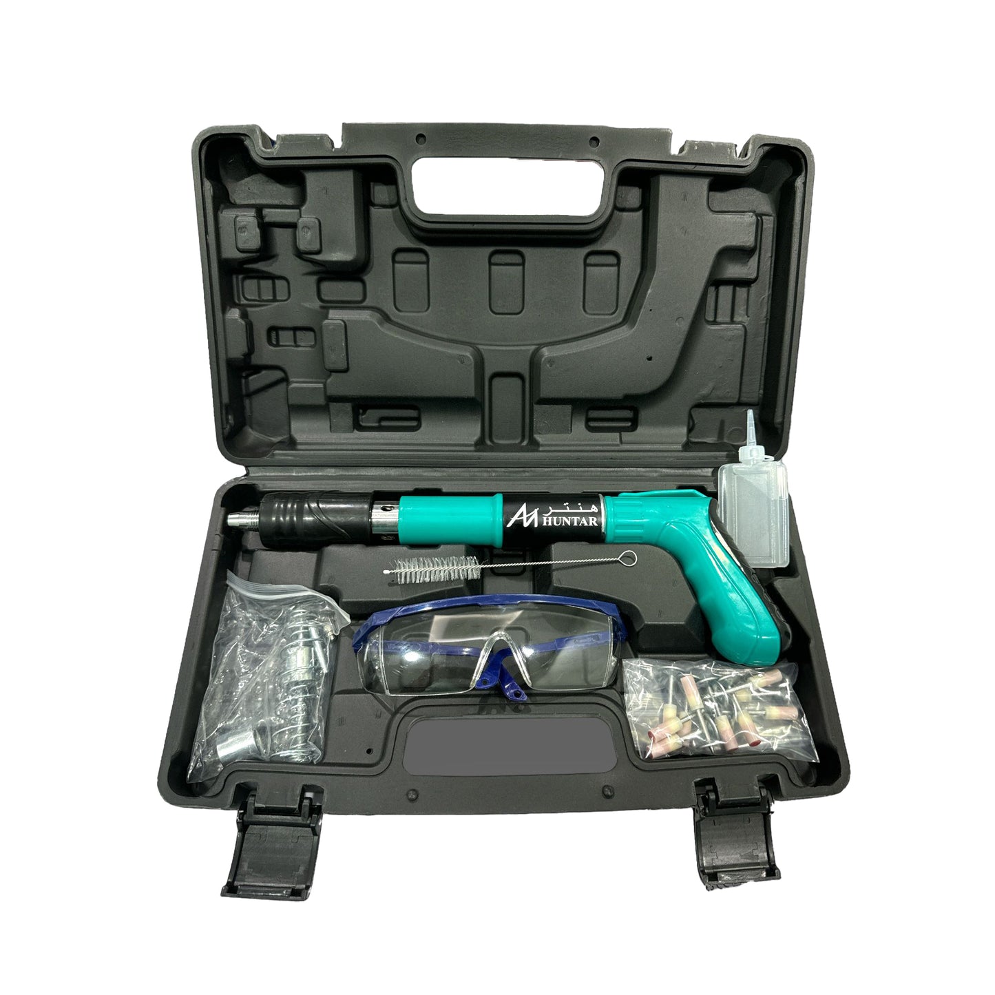 Huntar Hydraulic Nail Gun MS53634 displaying precision and power, included with essential accessories like safety glasses, nails, and lubricant, all housed in a durable case.
