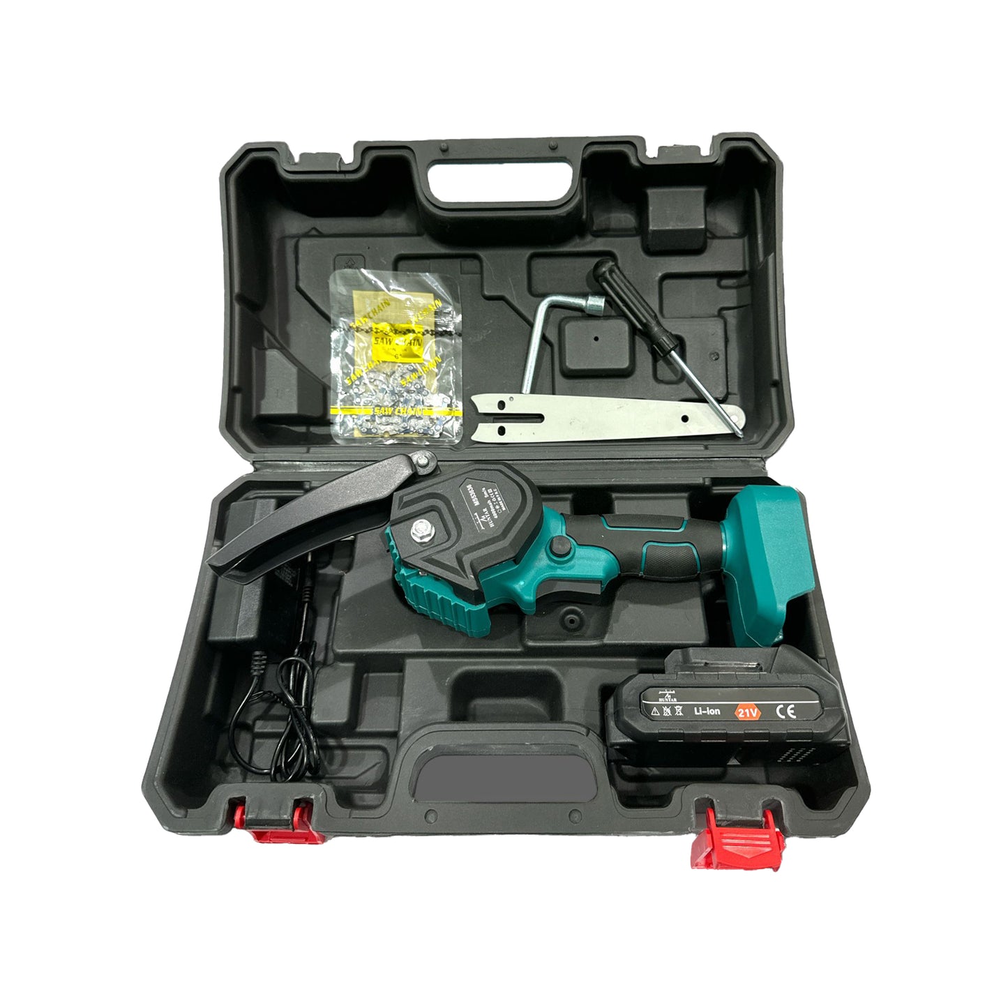 Cordless Chain Saw 6″ 21V with 1 Battery MS53636 Huntar displayed in a protective case, showcasing its components including the battery, charger, and tools for efficient outdoor cutting tasks.