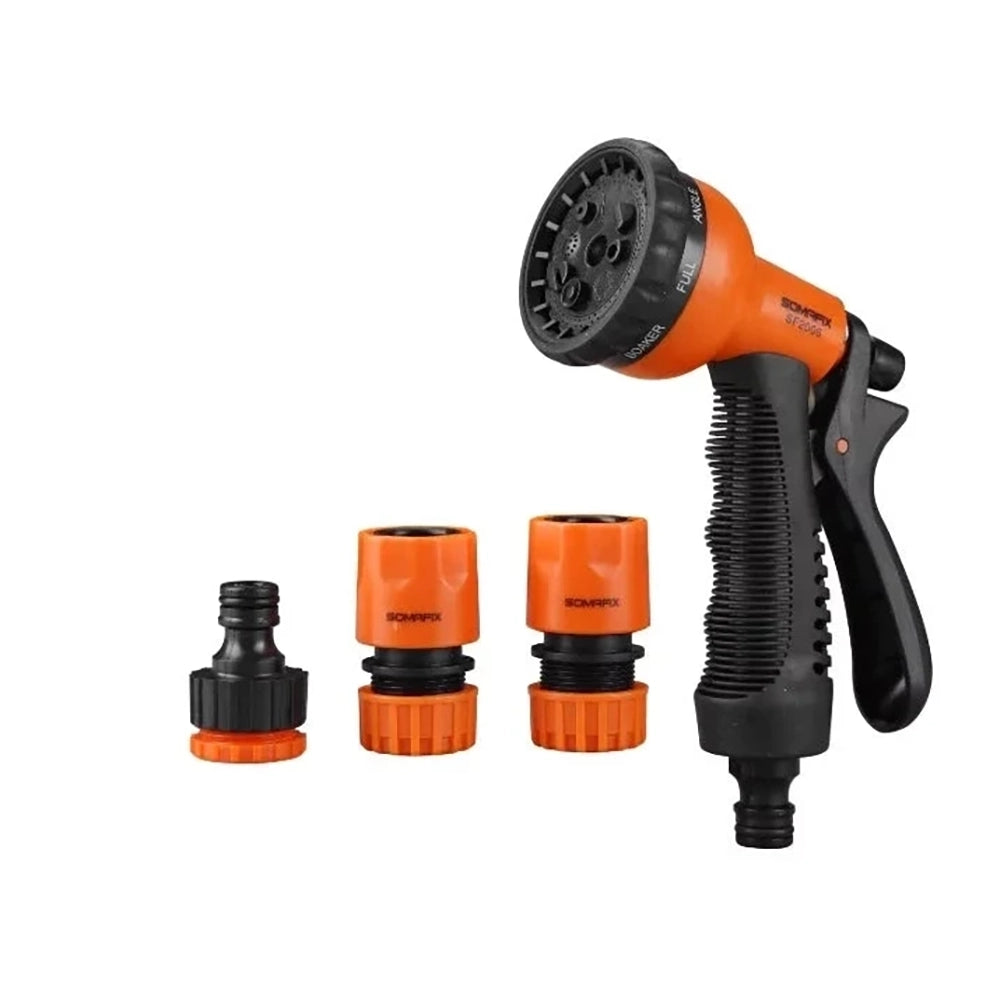 Garden Sprayer Round 4pcs set Sfs2005 Somafix, featuring a multi-function sprayer handle and three interchangeable nozzle attachments for efficient gardening tasks.