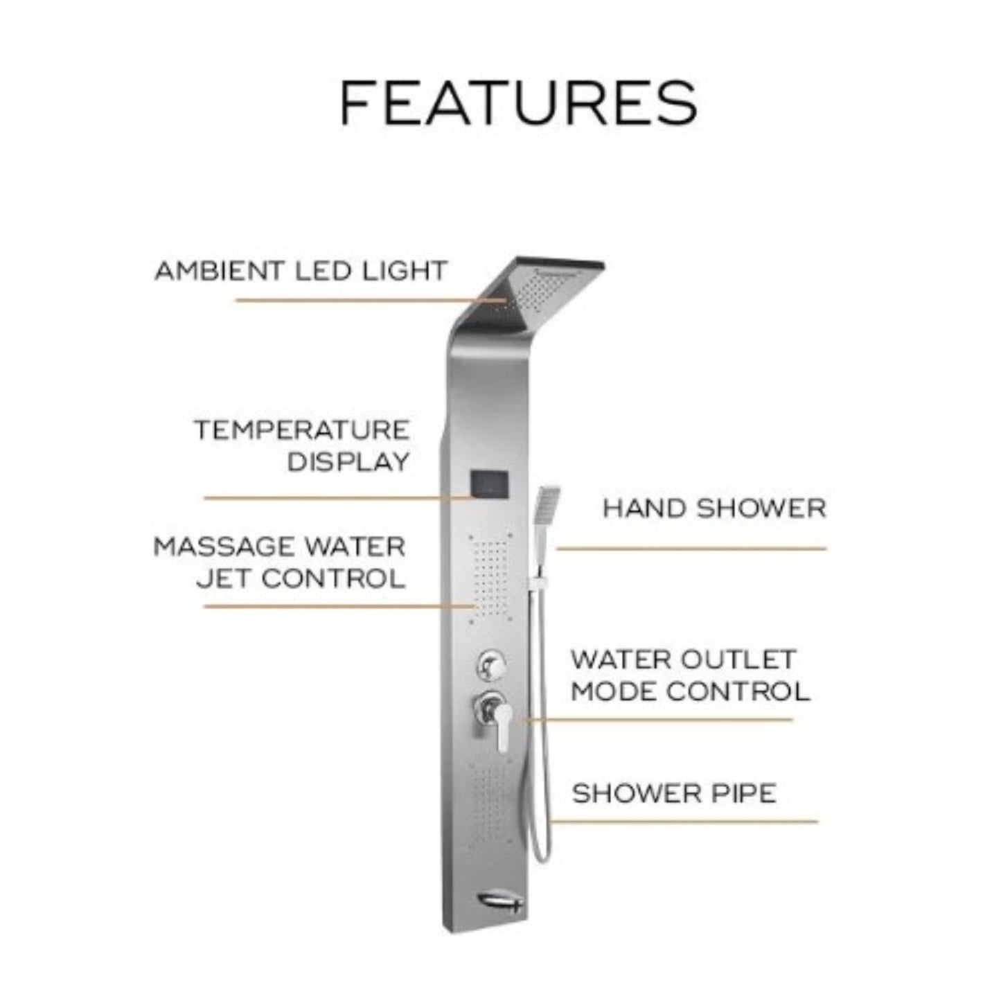 Stainless Steel Thermostatic Shower Panel with Digital Screen – SS Long H/D 5-Function Rainfall Shower Column