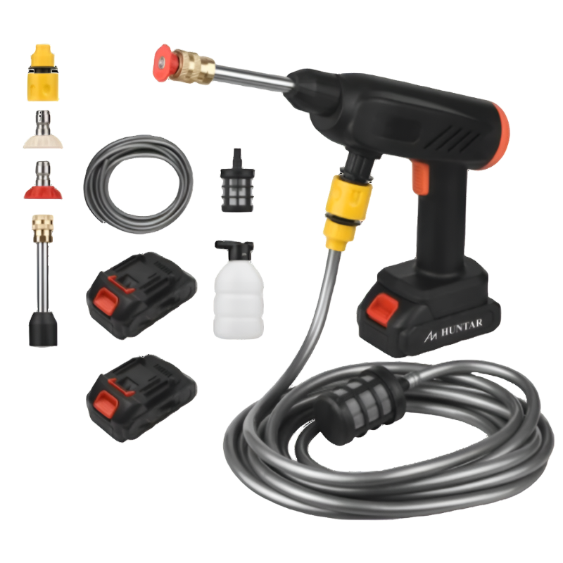 Cordless Car Pressure Washer Huntar MS53635 featuring a handheld design, multiple nozzles, hoses, and a portable body for efficient car cleaning without cords.