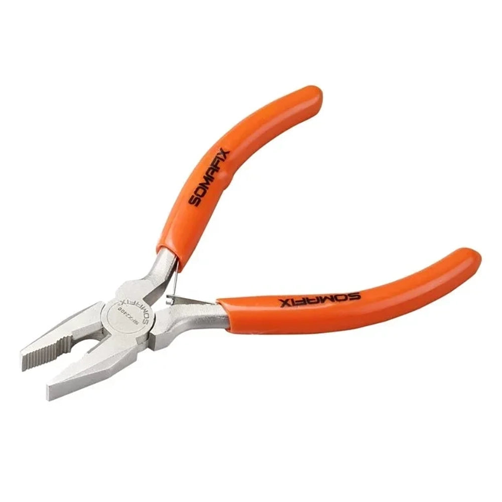 Plier Combination 4.5" Mini SFX2400 Somafix featuring a versatile design with orange rubber grips, ideal for gripping and cutting in small-scale tasks.