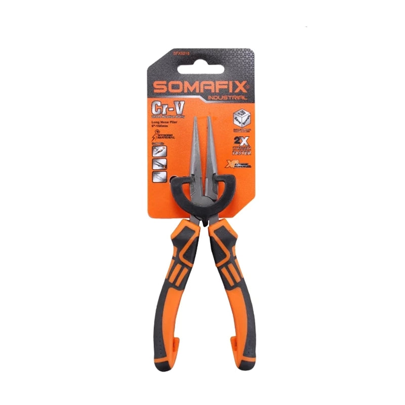Somafix 6" Nose Plier SFX6047 displayed in packaging, featuring high-quality construction, ergonomic non-slip grips, and fine tips suitable for precision tasks in jewelry making, electrical work, and general repairs.