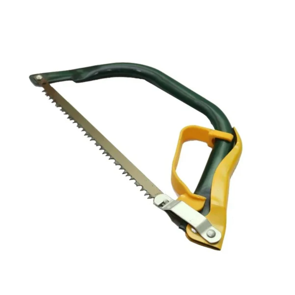 Bow Saw in vibrant green color featuring a sturdy frame and razor-sharp blade, ideal for cutting branches and logs, suitable for outdoor enthusiasts and DIY projects.