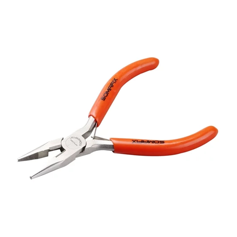 Mini Nose Plier Needle 4.5" SFX2404 Somafix featuring a compact design with orange rubber grips, ideal for precise and delicate work in crafting and jewelry making.