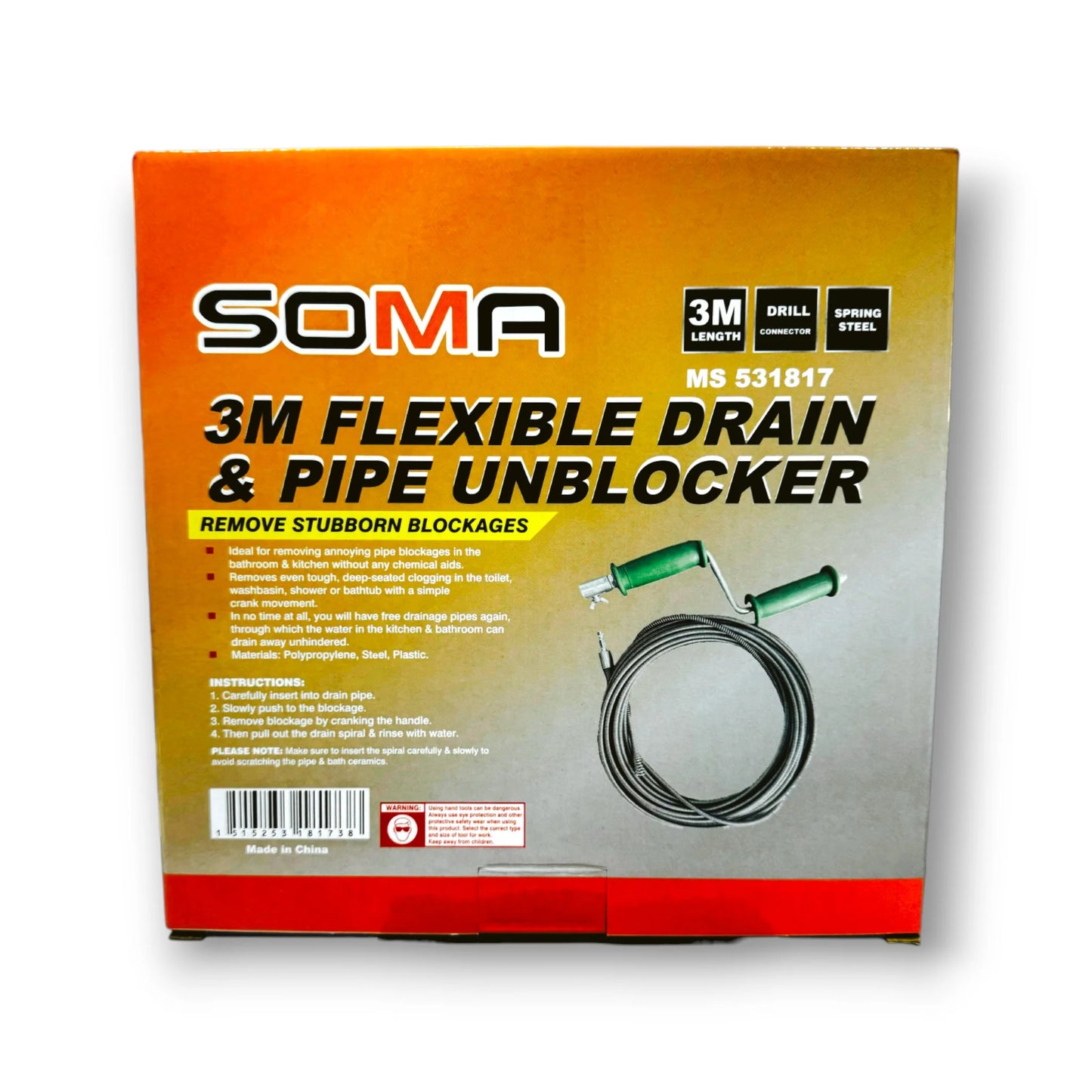 SOMA Drain Cleaner 3Mtr with Drill Adaptor packaging showcasing the 3M flexible drain and pipe unblocker designed for effective removal of stubborn blockages.