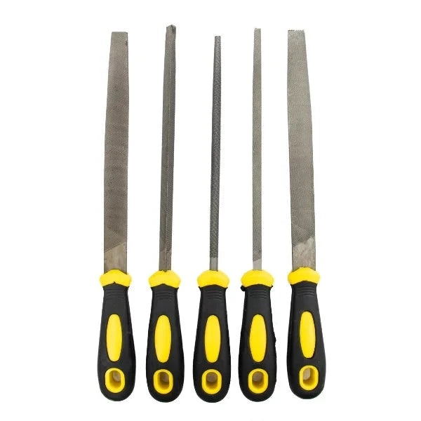 Image of the File 5 Pcs Set Steel 8" Hunter featuring a set of five durable files with ergonomic yellow and black handles, perfect for various wood and metal filing tasks.
