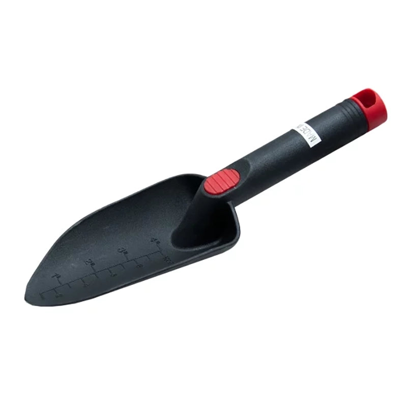 Garden Shovel Mini Plastic Black - A lightweight, durable mini shovel designed for gardening tasks, featuring a red and black handle for easy grip and control.