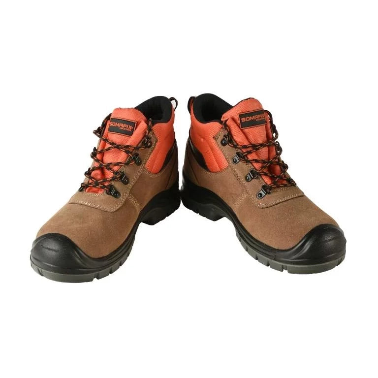 Somafix Safety Shoes featuring a rugged design with a brown and orange color scheme, ideal for construction and industrial work, providing safety, durability, and comfort.