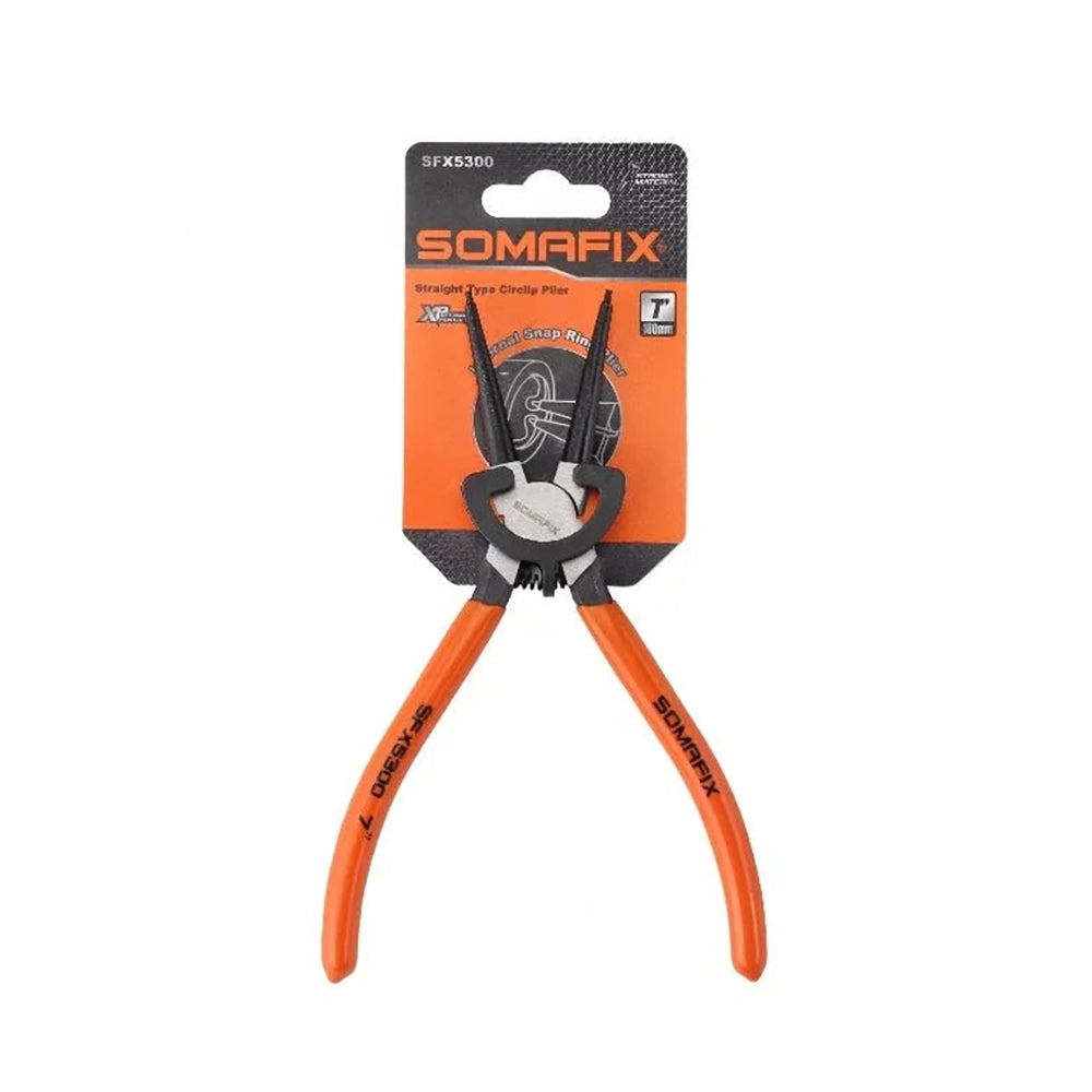 Circlip Plier Straight 7" Somafix displayed in its packaging, showcasing its ergonomic design and precision machined jaws for effective circlip removal and installation.