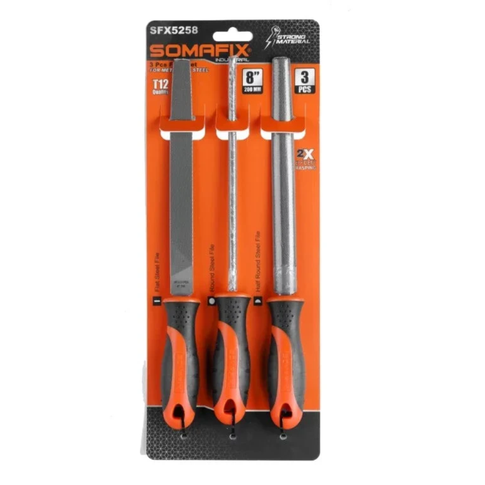 File 3pcs Set Steel 8" SFX5258 Somafix shown in packaging, featuring three different sizes of steel files with ergonomic handles for precision filing.
