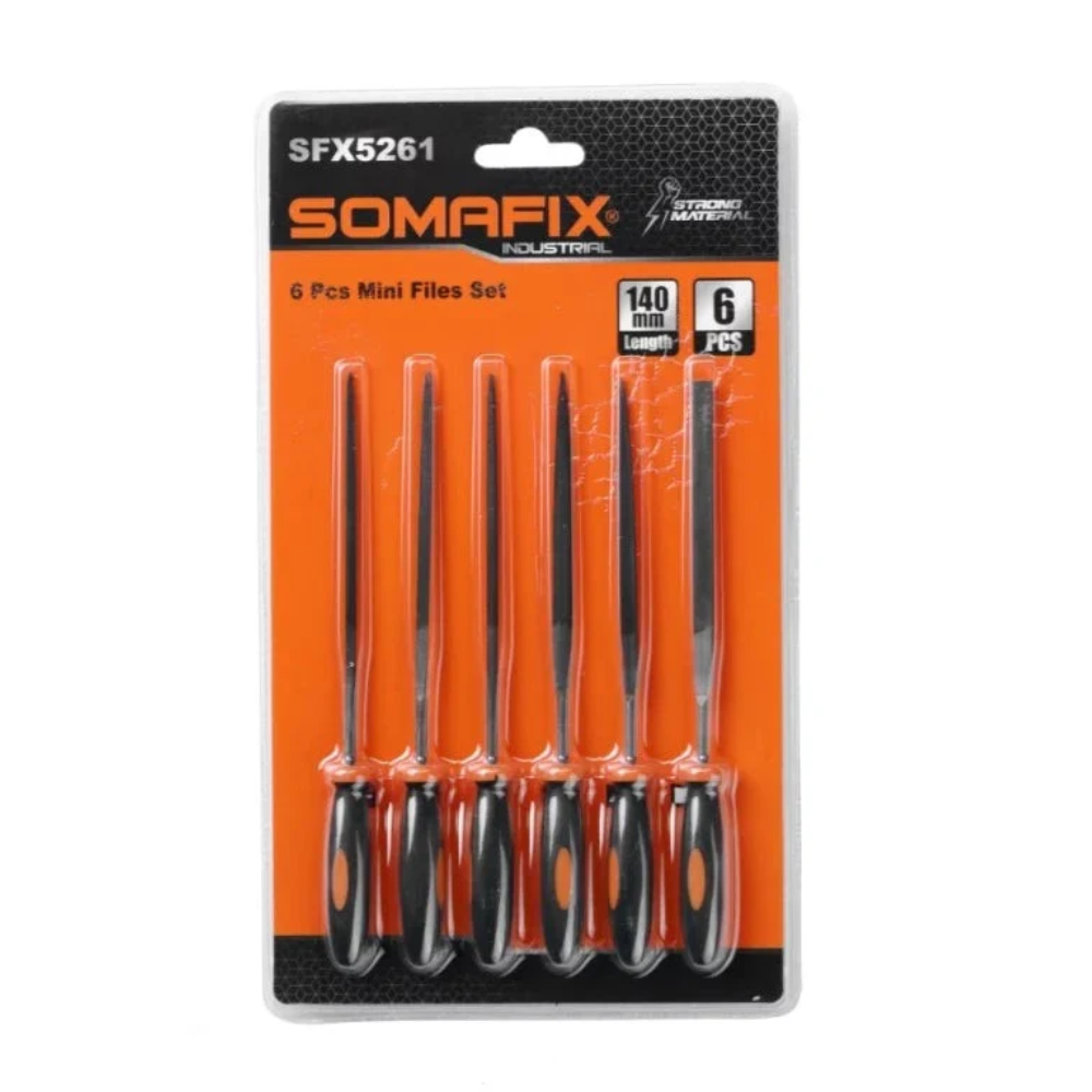 File 6pcs Needle SFX5261 by Somafix, featuring six precision needle-shaped files in a compact packaging, designed for intricate shaping and detailing in professional and DIY projects.