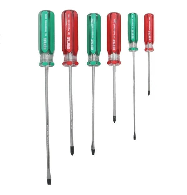 Set of 6 screwdrivers from Huntar, featuring red and green handles, model MS53606, ideal for home repair and DIY projects.