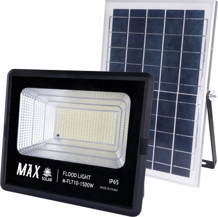 Max Led Solar Floodlight 1500W with solar panel, designed for outdoor lighting solutions, showcasing energy-efficient performance and weather-resistant durability, perfect for illuminating backyards, gardens, and driveways.