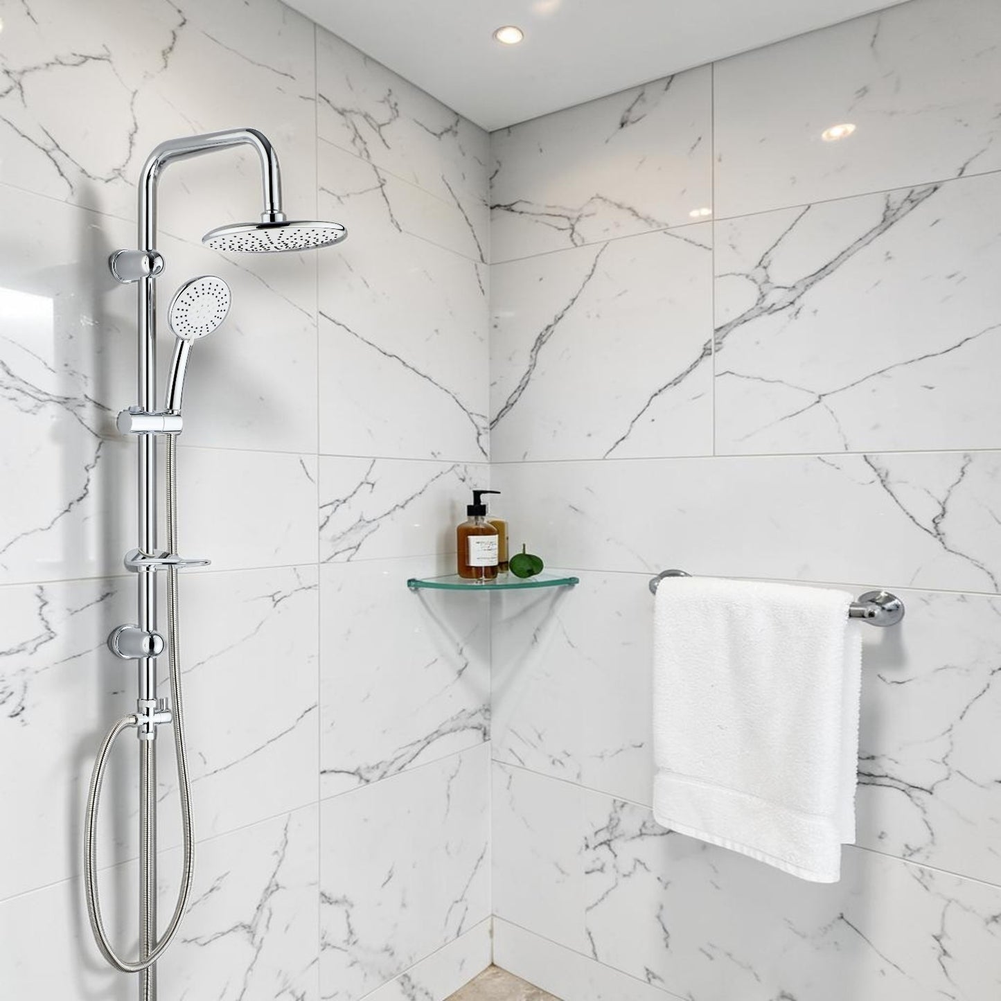 Shower Set with Stand — Rain Shower Head, Hand Shower & Hose, Chrome Finish