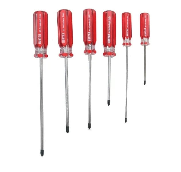 Huntar Screw Driver 6pcs Cross Ms53610 set featuring six precision screwdrivers with red handles, ideal for DIY and professional projects.