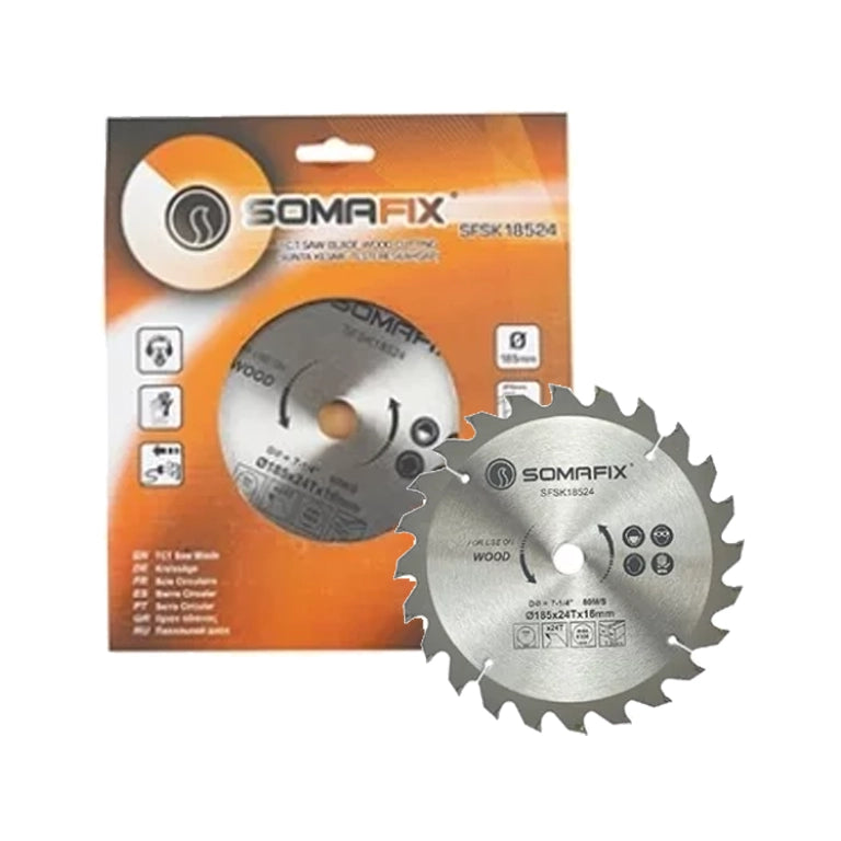 Somafix Circular Saw Blade displayed next to its packaging, showcasing a high-performance saw blade designed for cutting wood, plywood, and MDF, ideal for both professionals and DIY enthusiasts.
