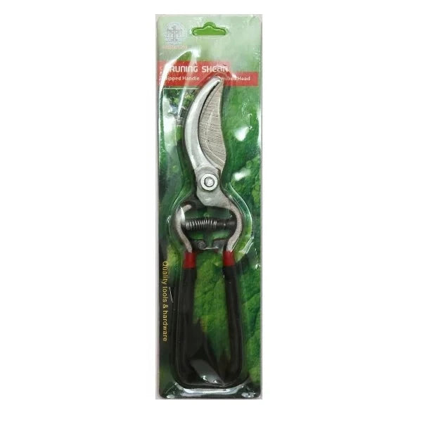 10-inch Black Grip Pruning Shear displayed in packaging, emphasizing its ergonomic design and sharp blades for effective and comfortable gardening.