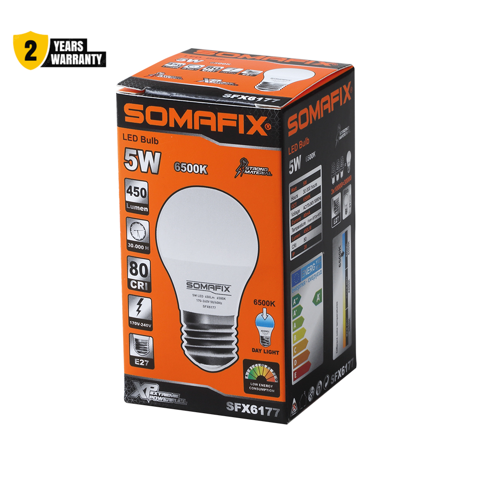 BULB LED E27 SOMAFIX A - 2 Years Guarantee. Image of a 5W LED bulb packaging showcasing its specifications including 6500K daylight color temperature, 450 lumens brightness, and 80 CRI, highlighting the product's warranty.