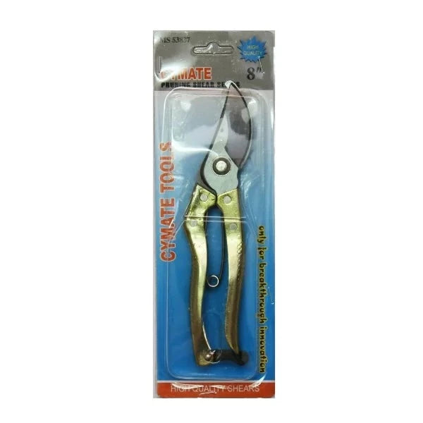 Pruning Shear Golden MS53837 by Cymate, featuring stainless-steel blades and an ergonomic handle, packaged and ready for sale.