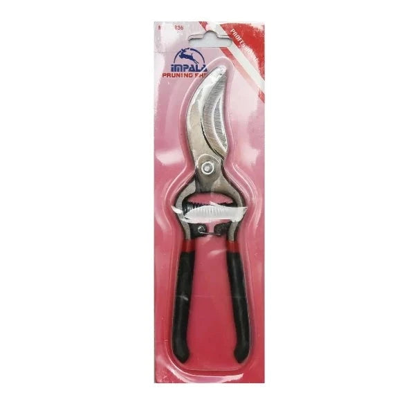Pruning Shear 8" Black MS53836 by Impala, featuring sharp durable blades and ergonomic grips, packaged for retail display.