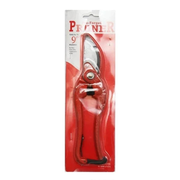 Huntar 9" Red Pruning Shear MS53838 displayed in packaging, showcasing ergonomic design and high-quality steel blades for efficient gardening.