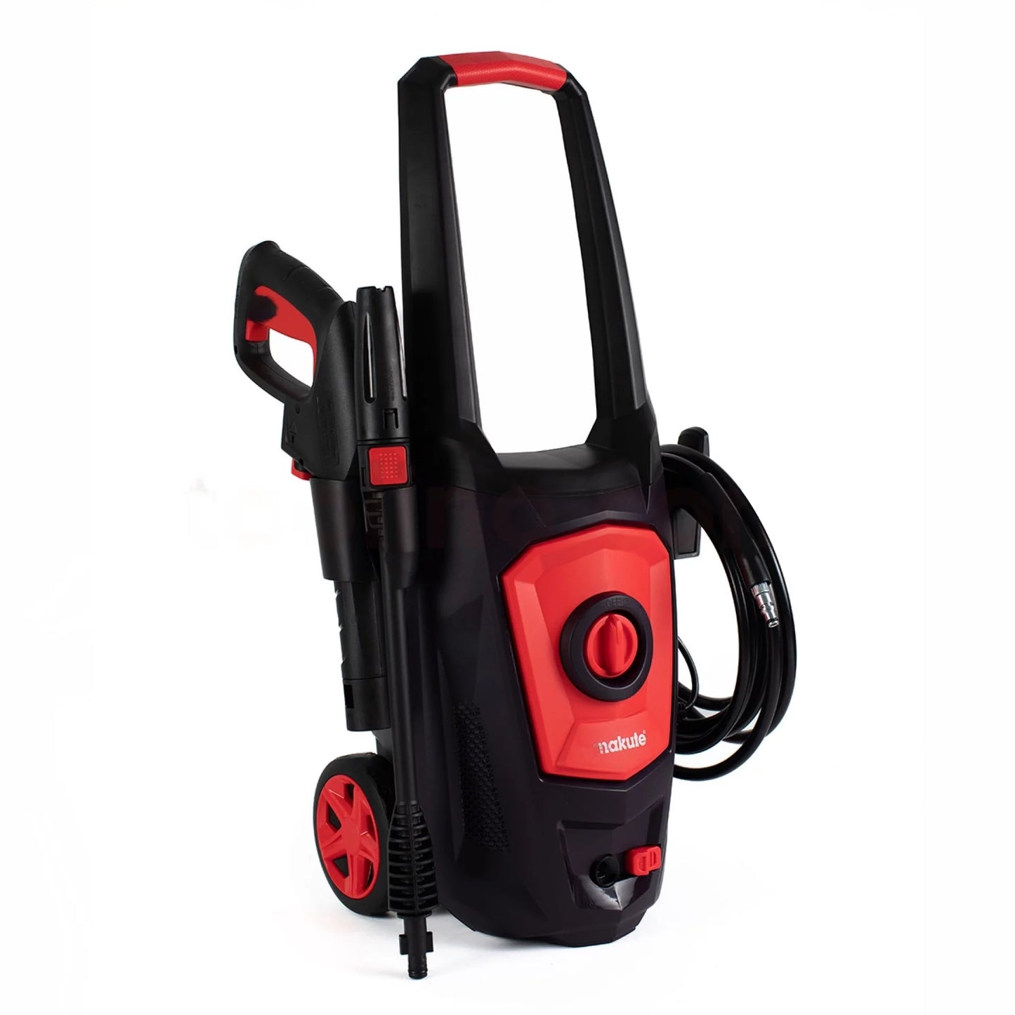 Car Pressure Washer HPW403 120BAR Makute featuring a sleek black and red design, ergonomic handle, and wheels for easy mobility, ideal for powerful vehicle cleaning.