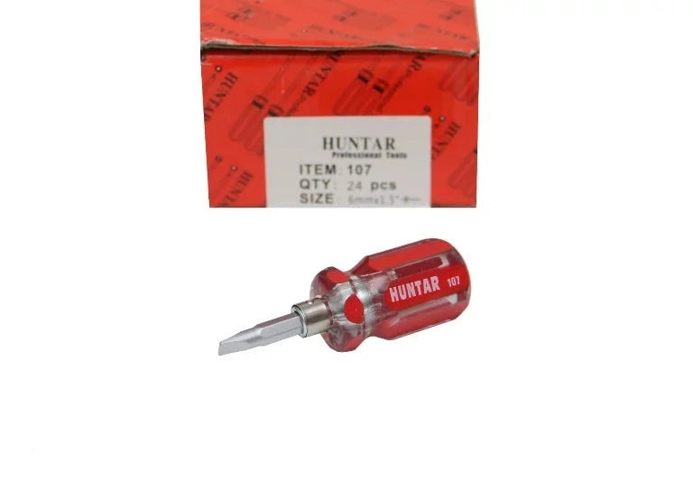 Huntar Screw Driver 107 6mm displayed with packaging, featuring a red ergonomic handle and a precision tip, ideal for DIY and professional use.